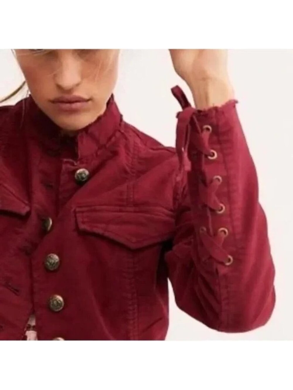 FREE PEOPLE Ella’s sergeant red wine military jacket XS NWOT lace up sleeves